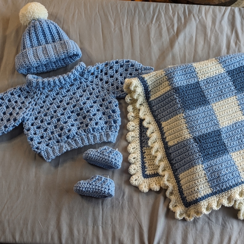 Matching Baby Blue 4 Piece Sweater and Plaid Blanket Set
